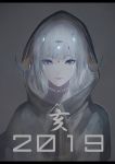  1girl 2019 artist_name bangs closed_mouth commentary_request curled_horns eyebrows_behind_hair grey_background grey_eyes grey_robe hair_ornament happy_new_year highres hood hood_up hooded_robe horns letterboxed long_hair looking_at_viewer marumoru new_year original robe silver_hair solo 