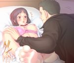  1girl bed blush bottomless breast_slip breasts couple hetero large_breasts nico_robin one_breast_out one_piece roronoa_zoro spread_legs zugan_(berugkamp) 