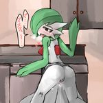  artist_request blush censored fang furry gardevoir looking_at_viewer looking_back nintendo pokemon pussy red_eyes translation_request 