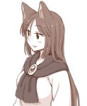  1girl :d animal_ears bangs blush brown commentary_request dress eyebrows_visible_through_hair from_side gem imaizumi_kagerou long_hair monochrome open_mouth poronegi scarf simple_background smile solo touhou white_background wolf_ears 