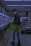  :d ankle_boots basket black_eyes black_footwear black_hair boots cellphone convenience_store from_behind grey_pants groceries highres hirota_tsuu holding holding_cellphone holding_phone indoors long_sleeves looking_at_viewer open_mouth original pants phone shop smartphone smile standing 