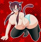  1girl :p all_fours animal_ears arched_back ass big_ass blush breasts glasses highres hips huge_breasts large_breasts makinami_mari_illustrious neon_genesis_evangelion nipples panties smile tail thick_thighs thighhighs thighs tk_(butakuma) tongue tongue_out underwear wide_hips 