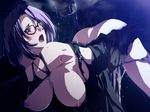  1girl bent_over blush breasts cum cumming dies_irae game_cg glasses monster open_mouth purple_eyes purple_hair riza_brenner sex sweat top-down_bottom-up torn_clothes vaginal 