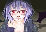  bespectacled blue_hair cum cum_in_mouth cum_on_glasses cum_on_tongue facial glasses hood ogami_kazuki red-framed_eyewear red_eyes remilia_scarlet short_hair slit_pupils solo touhou 