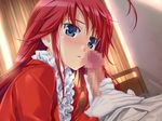  1boy 1girl blue_eyes blush censored game_cg gloves handjob happoubi_jin indoors kazanin_yukariko kura_kura long_hair penis red_hair 