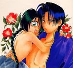  black_hair blue_eyes breasts flower green_eyes long_hair lowres makimachi_misao rurouni_kenshin shinomori_aoshi side_boob sideboob 