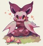  2016 bat creature creatures_(company) deviantart_username foxlett full_body game_freak gen_6_pokemon grass heart highres nintendo no_humans noibat pecha_berry pokemon pokemon_(creature) sepia_background signature simple_background sitting solo 