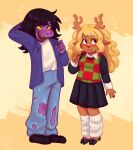  2girls :3 animal_ears antlers black_skirt blonde_hair blue_pants blush brown_fur checkered_sweater_vest colored_sclera colored_skin commentary deer_antlers deer_ears deer_girl deltarune denim emobemob english_commentary freckles full_body furry furry_female highres hooves horns jeans leg_warmers long_hair long_sleeves looking_to_the_side multiple_girls noelle_holiday open_clothes open_mouth open_shirt painttool_sai_(medium) pants pleated_skirt purple_hair purple_shirt purple_skin red_eyes red_nose reptile_girl sharp_teeth shirt shoes skirt smile standing susie_(deltarune) teeth torn_clothes torn_pants two-tone_sweater_vest utdr_(toby_fox) white_leg_warmers white_shirt yellow_sclera 