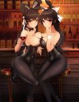  1163186334 2girls absurdres animal_ears asymmetrical_docking atago_(azur_lane) azur_lane bangs black_footwear black_hair black_legwear blush bow breast_press breasts brown_eyes bunny_ears bunnysuit closed_mouth covered_navel cup detached_collar extra_ears eyebrows_visible_through_hair fake_animal_ears hair_bow hair_flaps hair_ribbon high_heels highres holding holding_cup large_breasts leotard long_hair looking_at_viewer mole mole_under_eye multiple_girls pantyhose ponytail red_eyes ribbon sitting smile swept_bangs takao_(azur_lane) thighs very_long_hair white_bow white_ribbon wrist_cuffs 