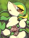 :< anus bedroom_eyes blush blush_lines bodily_fluids brown_eyes butt cel_shading clitoris diru female female_feral feral generation_5_pokemon genital_fluids genitals green_tentacles hi_res high-angle_view inner_labia looking_at_viewer lying lying_on_grass narrowed_eyes nintendo on_back plant_tentacles pokemon pokemon_(species) presenting presenting_hindquarters presenting_vulva rear_view seductive shaded snivy solo spread_vulva spreading tentacles vaginal_canal vaginal_fluids vulva
