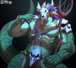 abs anthro bone bone_mask bottomwear clothing fansl green_body hi_res lihzahrd lizardman loincloth male mask muscular muscular_anthro muscular_male pecs scalie skull skull_mask solo staff striped_body stripes tail terraria witch_doctor_(terraria)
