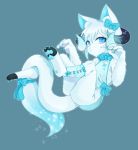  :&lt; accessory anthro bioluminescence blue_background blue_bow blue_eyes cub domestic_cat felid feline felis female fluffy fluffy_tail fur glowing glowing_horn gradient_hair hair hair_accessory hair_bow hair_ribbon horn hybrid kemono mammal nena_(pixiv23458451) pawpads ribbons simple_background solo white_body white_fur young 