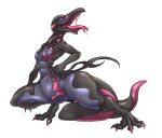 absurd_res black_body black_scales border breasts censored censored_genitalia claws curvy_figure featureless_breasts generation_7_pokemon hi_res huge_hips mouth_piercing nikunigushii nintendo piercing pink_body pink_claws pink_skin pokemon pokemon_(species) pokemorph purple_body purple_eyes purple_skin salazzle scales simple_background small_breasts tail thick_tail thick_thighs tongue tongue_out voluptuous voluptuous_female white_background wide_hips