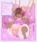 2026 4_fingers 4_toes abstract_background accessory age_regression ageplay ambiguous_gender andrew_(bodiasexual) anthro baby_bouncer bib big_diaper border bottomwear bow_ribbon brown_body brown_ears brown_fur brown_hair brown_nose brown_tail bubblepuppers canid canine clothing diaper dress english_text feces feet feminization fingers floppy_ears fur gameplay_mechanics hair hair_accessory hair_bow hair_over_eyes hair_ribbon heart_clothing heart_diaper heart_symbol heart_underwear hi_res huge_diaper incontinence mammal open_mouth pawpads pink_border pink_bow pink_clothing pink_dress pink_pawpads pooping purple_bottomwear purple_clothing purple_skirt ribbons roleplay shocked skirt soiled_diaper soiling soiling_diaper solo sound_effects sparkles spiral status_effect suspension tail teeth text text_box toes trap_(contrivance) unclean_diaper underwear used_diaper using_diaper vowelless vowelless_sound_effect