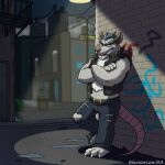 1:1 2026 absurd_res alley anthro bottomwear brok_the_investigator building city city_background clothing cowcat_games detailed_background fur graffiti graffiti_on_wall grey_body grey_fur hi_res ilustratorlatin male mammal murid murine night outside pants rat rodent solo squealers_chief standing urban