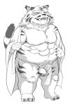  2019 anthro asian_clothing balls belly clothing east_asian_clothing felid feline fundoshi hi_res humanoid_hands humanoid_penis hysk japanese_clothing male mammal moobs navel nipples overweight overweight_male penis robe simple_background solo underwear white_background 