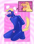 anthro bird_dog canid canine canis clothing collar collar_only dogtober domestic_dog drone dronification english_text fur golden_retriever hunting_dog hypnosis kneeling latex latex_clothing latex_transformation lock_bulge male mammal mind_control nude null null_bulge retriever solo struggling text transformation yellow_body yellow_fur