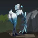 absurd_res anthro bovid bow_(weapon) butt caprine digital_media_(artwork) female fur hi_res huge_filesize kindred_(lol) lamb_(lol) league_of_legends looking_at_viewer mammal mask ranged_weapon riot_games sheep simple_background solo tail temnelc tencent weapon wearing_mask white_body