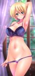  1girl alternate_breast_size_(larger) arm_behind_head armpits arms_up blonde_hair blue_bra blue_eyes blue_panties blurry blush bokeh bow bow_bra bra braid breasts closed_mouth commentary_request curtains curvy darjeeling_(girls_und_panzer) depth_of_field girls_und_panzer groin hip_bones hip_dips indoors kamogawa_tanuki lace-trimmed_bra lace-trimmed_panties lace_trim large_breasts light_particles linea_alba looking_at_viewer nape_braid narrow_waist paid_reward_available panties panty_pull photo_(object) presenting_armpit short_hair smile solo stomach thighs toned toned_female underwear underwear_only wide_hips window 