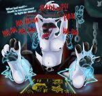 4_toes anthro arm_above_head arm_wrapping arm_wraps bdsm belt black_inner_ear black_nipples black_nose black_pawpads black_sclera blush bottomwear bound canid canine canis chain chain_bondage chained chained_wrists cheek_tuft claws clothed clothing curling_toes death_(puss_in_boots) dialogue disembodied_hand dreamworks english_text eye_roll eyebrows facial_markings facial_tuft fangs feet foot_on_table forced fur fur_tuft furniture ghost_hand head_markings hi_res laugh loose_feather magic male mammal map markings mask_(marking) mineshaft misterfuchs navel night nipples open_mouth open_smile pants pawpads paws pecs puss_in_boots_(franchise) questionable_consent raised_arms red_eyes restrained restrained_arms restrained_legs restraints sitting smile solo solo_focus table tail teeth text tickle_fetish tickle_torture tickling tickling_armpits tickling_feet toe_claws toes tongue tongue_out topless tuft white_body white_fur wolf wrapped_arms wraps