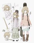  1girl ? alternate_costume bass_clef bass_guitar beamed_eighth_notes beamed_sixteenth_notes brown_hair chibi closed_eyes commentary dress earphones eighth_note electric_guitar fishnets guitar highres holding holding_instrument instrument keyboard_(instrument) multiple_persona music musical_note musical_staff original pajamas piano pillow playing_instrument quarter_note sheet_music short_hair singing sixteenth_note soso_hehe spoken_musical_note treble_clef untranslatable_commentary violin 