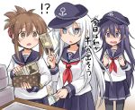  !? akatsuki_(kantai_collection) anchor anchor_symbol bangs black_legwear blue_skirt blush brown_hair cash_register commentary_request flat_cap folded_ponytail hat hibiki_(kantai_collection) highres holding holding_money holding_wallet inazuma_(kantai_collection) kantai_collection kokutou_nikke long_hair long_sleeves money neckerchief open_mouth pantyhose partially_translated pleated_skirt ponytail purple_hair red_neckwear sailor_collar school_uniform serafuku shaded_face skirt sparkle sweat theft translation_request wallet white_hair yen 