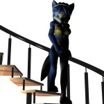 1:1 3d_(artwork) accessory alpha_channel anthro arm_markings bandeau black_nose blue_body blue_fur blue_hair breasts canid canine cleavage clothed clothing digital_media_(artwork) female footwear fox fur green_eyes hair hair_accessory hairband jewelry krystal_(charleyfox) krystal_(star_fox) looking_at_viewer mammal markings necklace nintendo salith sandals seductive shoes smile solo stairs star_fox topwear tribal tribal_markings white_markings