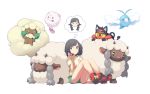  1girl :p arm_support bangs bare_legs black_hair bob_cut closed_eyes floral_print fluffy full_body gen_3_pokemon gen_5_pokemon gen_6_pokemon gen_8_pokemon green_shorts heart holding holding_hair knees_up litten looking_at_another mizuki_(pokemon) mk_(mikka) no_hat no_headwear pokemon pokemon_(creature) pokemon_(game) pokemon_sm red_footwear shirt shoe_soles shoes short_hair short_shorts short_sleeves shorts simple_background sitting spoken_character swablu swept_bangs swirlix t-shirt thought_bubble tied_shirt tongue tongue_out whimsicott white_background wooloo 