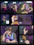 anthro beverage black_hair blonde_hair boop brown_nose canid canine canis comic dialogue domestic_dog duo_focus english_text fangs fur grey_body grey_fur grey_nose group hair hi_res jackaloo male mammal mark_mcmurphy nightclub nonbinary_(lore) river_lakes sigh speech_bubble tan_body tan_fur teeth text