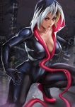  1girl artist_name blonde_hair breasts covered_nipples dandon_fuga dark_persona eyebrow_piercing gwen_stacy highres hood hood_down hooded_jacket jacket large_breasts makeup marvel mascara piercing red_eyes solo source_request spider-gwen spider-man_(series) 