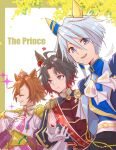  3girls ahoge animal_ears armor belt blue_eyes blue_hair blue_jacket blue_shirt bow breasts brooch brown_hair cape closed_mouth commentary_request crown ear_covers ear_flower ear_ornament epaulettes feathers flower flower_brooch four-pointed_star gloves gogono_pan'ya gold_corset gradient_hair hair_between_eyes highres horse_ears horse_girl horse_tail jacket jewelry k.s.miracle_(prism)_(umamusume) k.s.miracle_(umamusume) long_sleeves looking_at_viewer mini_crown multicolored_hair multiple_girls multiple_rings open_mouth orange_hair orange_tail pants petals pink_cape pink_crown print_sash red_hair red_sash ring rose_kingdom_(umamusume) sash shirt short_hair shoulder_armor single_epaulette skirt smile sparkle t.m._opera_o_(o_sole_suo!)_(umamusume) t.m._opera_o_(umamusume) tail teeth two-tone_hair two-tone_skirt umamusume upper_teeth_only vertical-striped_sleeves white_feathers white_gloves white_shirt yellow_belt 