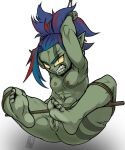 5_toes abs angry anus athletic athletic_female athletic_humanoid blue_hair bound breasts claws clenched_teeth cross-popping_vein ear_piercing eyelashes feet female front_view genitals goblin green_body green_nipples green_skin hair hands_tied highlights_(coloring) humanoid humanoid_feet humanoid_pointy_ears legs_tied lightened_soles looking_at_viewer multicolored_hair navel newworld-9 nipple_piercing nipples nude nude_female nude_humanoid piercing plantigrade pointy_ears pupils red_highlights scar simple_background slit_pupils small_breasts solo teeth thick_thighs toe_claws toes two_tone_hair vein vulva white_background wide_hips yellow_sclera