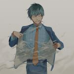  1boy adjusting_clothes aqua_hair belt black_belt blue_pants blue_shirt blue_suit choppy_bangs cigarette closed_eyes collared_shirt contrast_lapels cowboy_shot dress_pants facing_viewer film_grain grey_background grid_print grin hair_between_eyes hand_up hypnosis_mic jacket lapels long_sleeves male_focus mouth_hold multicolored_hair necktie nurude_sasara nurude_sasara_(tdd_era) open_clothes open_jacket orange_necktie pants shirt short_hair simple_background smile smoke smoke_trail smoking solo souyuu straight-on suit suit_jacket two-sided_fabric two-sided_jacket u_u very_short_hair 