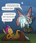  2019 arthropod bag blue_eyes changeling dialogue english_text flying friendship_is_magic glowing hi_res my_little_pony night ocellus_(mlp) sleeping_bag smolder_(mlp) star text toonbat 