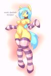 anthro armwear baby_talk biped blue_eyes blue_hair blue_tail blush breasts brown_collar buckle clothing collar dialogue digital_media_(artwork) elbow_gloves english_text featureless_crotch female female_anthro fluffy_pony fluffy_pony_(species) gloves hair handwear hi_res legwear mammal mostly_nude multicolored_armwear multicolored_clothing multicolored_elbow_gloves multicolored_gloves multicolored_handwear multicolored_legwear multicolored_stockings multicolored_thigh_highs navel nipples odyssey_of_noises offscreen_character open_mouth pattern_armwear pattern_clothing pattern_elbow_gloves pattern_gloves pattern_handwear pattern_legwear pattern_stockings pattern_thigh_highs shaded simple_background smile solo stockings striped_armwear striped_clothing striped_elbow_gloves striped_gloves striped_handwear striped_legwear striped_stockings striped_thigh_highs stripes tail text thigh_highs two_tone_armwear two_tone_clothing two_tone_elbow_gloves two_tone_gloves two_tone_handwear two_tone_legwear two_tone_stockings two_tone_thigh_highs yellow_body