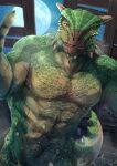 2022 abs anthro argonian bethesda_game_studios bodily_fluids bodypaint detailed_background face_paint facial_scar full_moon green_body green_scales gunka hi_res horn looking_at_viewer looking_down looking_down_at_viewer male microsoft moon muscular muscular_male night nude pecs scales scalie scar skyrim smile solo sweat sweatdrop tail the_elder_scrolls thick_tail triceps veezara wet wet_body yellow_eyes