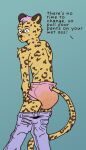 absurd_res anthro bodily_fluids bottomwear bottomwear_down cheetah clothed clothing diaper diaper_only felid feline female fur genital_fluids hi_res mammal markings no_bra pants pants_down partially_clothed peed pumpkin1999 solo spots spotted_body spotted_fur topless unclean_diaper urine used_diaper wearing_diaper wet_diaper yellow_body yellow_fur