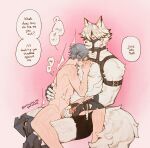 2026 5_fingers absurd_res anthro arm_strap arm_tuft armband artist_name black_boxer_briefs black_clothing black_harness black_nose black_straps black_underwear blush blush_lines bodily_fluids boxer_briefs brothums canid canine canis cheek_tuft clothing cum cumshot cybernetic_leg cybernetic_limb dialogue digital_drawing_(artwork) digital_media_(artwork) duo ejaculation english_text eyes_closed face_on_chest facial_tuft fingers fur genital_fluids genitals glans glistening glistening_body glistening_genitalia glistening_glans glistening_penis glistening_skin grey_hair hair halter handjob harness hi_res human human_on_anthro humanoid_genitalia humanoid_penis interspecies larger_anthro male male/male mammal mihoyo muscular muscular_anthro muscular_male navel nude_human nude_male on_lap penile penis pink_background red_eyes sex shoulder_tuft simple_background sitting sitting_on_lap size_difference slim_human slim_male smaller_human smile speech_bubble tail text thiren tuft underwear von_lycaon white_body white_fur white_hair wise_(zenless_zone_zero) wolf wraps wrist_wraps zenless_zone_zero