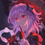  1girl absurdres black_flower black_gloves crossed_bangs evernight_(honkai:_star_rail) finger_to_mouth floating_hair flower flower_on_chest from_side gloves hair_between_eyes hair_flower hair_intakes hair_ornament hairclip highres holding holding_umbrella honkai:_star_rail honkai_(series) jewelry long_hair looking_at_viewer looking_to_the_side march_7th_(honkai:_star_rail) pink_hair rain red_eyes red_flower ring smile solo turtleneck umbrella unusually_colored_rain upper_body zzzm 