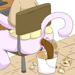 2026 anthro anus bottomless brown_clothing bucket butt censor_bar censored censored_genitalia censored_vulva chair clothed clothing computer_keyboard computer_monitor container desk digital_media_(artwork) feces felid feline female fur furniture gaping gaping_anus genitals implied_scat mammal on_chair partially_clothed pink_body pink_fur pink_tail pooping raised_tail rear_view simple_background sitting sitting_on_chair smelly solo stink_fumes table tail toilet_paper toilet_paper_(pixiv) trash vulva yellow_clothing