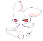 2026 anthro blue_outline blush chibi cross-popping_vein digital_drawing_(artwork) digital_media_(artwork) embarrassed feet female fur furrowed_brow genitals hand_on_leg hindpaw kirichiiii lagomorph leporid looking_aside mammal outline paws presenting presenting_vulva rabbit red_eyes scut_tail semi-anthro shaded short_tail simple_shading solo spread_legs spreading tail vulva white_body white_fur