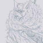 2022 anthro atmac blaidd_(elden_ring) canid canine canis cape clothing digital_drawing_(artwork) digital_media_(artwork) elden_ring fluffy fromsoftware looking_forward male mammal melee_weapon narrowed_eyes neck_tuft purple_eyes scar simple_background solo sword teeth topwear tuft unfinished weapon whisker_spots white_background white_sclera wolf
