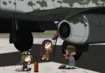  3girls :3 aircraft airplane annin_musou blue_hair bottle commentary_request fairy_(kantai_collection) food goggles goggles_on_head grey_hair kantai_collection long_hair low-tied_long_hair me_262 multiple_girls pilot pilot_helmet pilot_suit purple_hair short_hair sitting skirt stick sweet_potato yakiimo |_| 