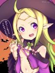  1girl absurdres blade_ride blonde_hair bow circlet fire_emblem fire_emblem_awakening fire_emblem_heroes halloween_costume hat highres long_hair navel nipples nowi_(fire_emblem) open_mouth pink_bow pointy_ears purple_eyes solo twitter_username upper_body witch_hat 