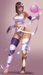  1girl absurdres ancient_egyptian ancient_egyptian_clothes bandages blunt_bangs bob_cut breasts circlet clothing_cutout commentary crystal_ball dark-skinned_female dark_skin energy_ball fingerless_gloves gloves gold green_eyes highres jewelry looking_at_viewer mavrii medium_breasts menat naked_bandage navel navel_cutout official_alternate_costume purple_hair purple_lips purple_nails short_hair street_fighter street_fighter_v thighhighs thighs toeless_legwear usekh_collar 