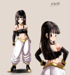  1girl artist_name black_eyes black_hair black_sclera black_tube_top breasts chi-chi_(dragon_ball) closed_mouth colored_sclera commentary cosplay costume_switch crop_top dragon_ball harem_pants highres ivyrandomart long_hair muscular muscular_female pants simple_background small_breasts strapless tube_top 