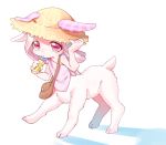  bovid bovid_taur caprine caprine_taur child clothing drinking female goat goat_ears goat_taur hair hat headgear headwear horizontal_pupils juice_box mammal mammal_taur nena_(pixiv23458451) pink_eyes pink_hair simple_background solo taur white_background young 