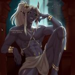 1:1 abs barbell_piercing black_sclera brown_horn clothed clothing demireality ear_piercing ear_ring front_view green_eyes grey_body grey_skin grin hair hi_res horn horn_jewelry horn_ring humanoid jewelry long_hair looking_at_viewer male male_humanoid multiple_piercings muscular muscular_humanoid muscular_male narrowed_eyes nipple_barbell nipple_piercing nipples pecs piercing ponytail ring_(jewelry) ring_piercing sitting smile solo topless white_hair