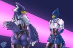 3:2 absurd_res anthro avian beak bird blue_body blue_feathers blush braided_hair breath_of_the_wild butt clothed clothing corset crossdressing crossed_legs duo falco_lombardi feathers femboy garter_belt garter_straps hair hi_res latex latex_clothing legwear lingerie looking_at_viewer male necktie nintendo purple_background rear_view revali rito shirt simple_background smile star_fox stockings tail tail_feathers tero-blue-dragon the_legend_of_zelda thigh_highs topwear underwear white_clothing white_shirt white_topwear