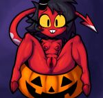 anus areola black_eyes black_horn breasts choker demon demon_humanoid eyelashes female grey_hair hair hellaverse helluva_boss hi_res hooves horn horned_humanoid humanoid imp jack-o'-lantern jewelry looking_at_viewer mexicanjoe millie_(helluva_boss) mole_under_eye navel necklace nipple_piercing nipples piercing purple_background red_areola red_body red_nipples simple_background small_breasts solo spade_tail tail tailed_humanoid teeth thick_thighs tooth_gap wide_hips yellow_sclera